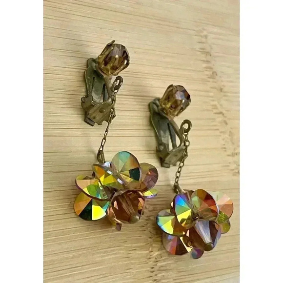 VTG Crystal Dangle Iridescent Clip on Earrings Bronze - Picture 8 of 13